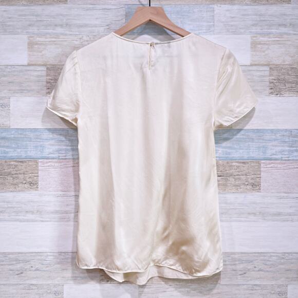 Talbots Silk Pleated Round Neck Blouse Cream Cap Sleeve Stretch Career Womens 6 - Picture 3 of 6